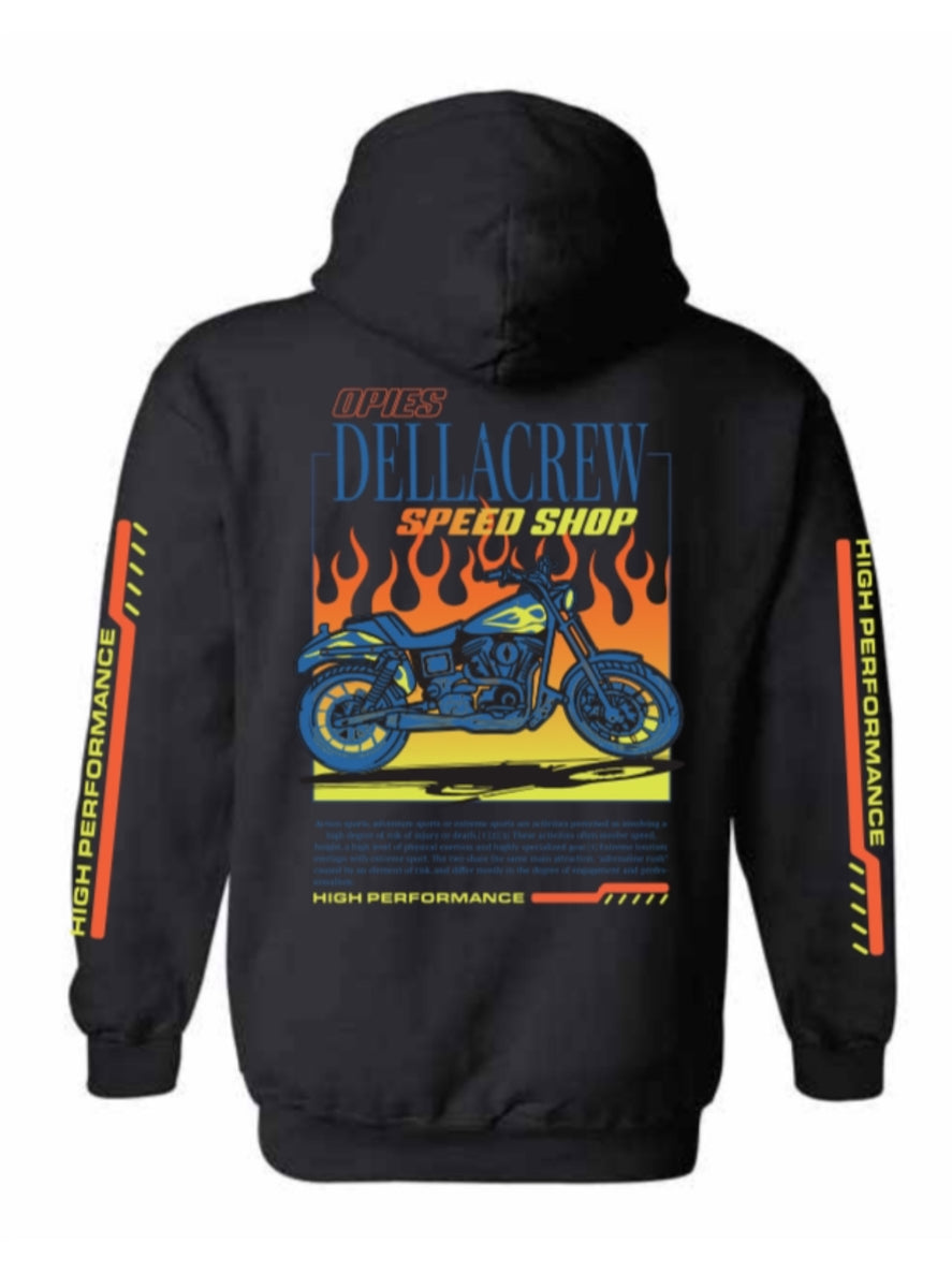 OPIES SPEEDSHOP X DELLA COLLAB Black w/blue hoodie – Della Crew Co.
